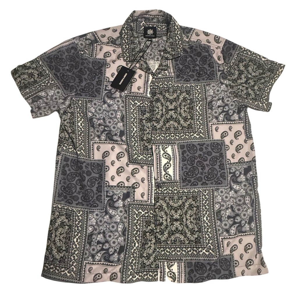 Bleecker & Mercer Men 2XL Bandana Patchwork Shirt Grey Black Paisley Short sleev